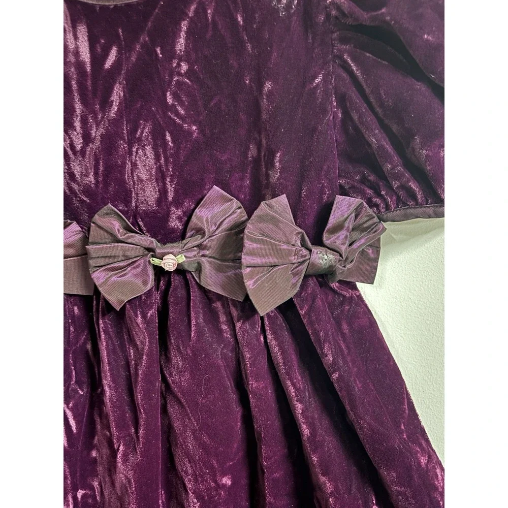 Vintage Thomas Girls Purple Velvet A-Line Puff Sleeve Bow Dress Size 6x 78483-1